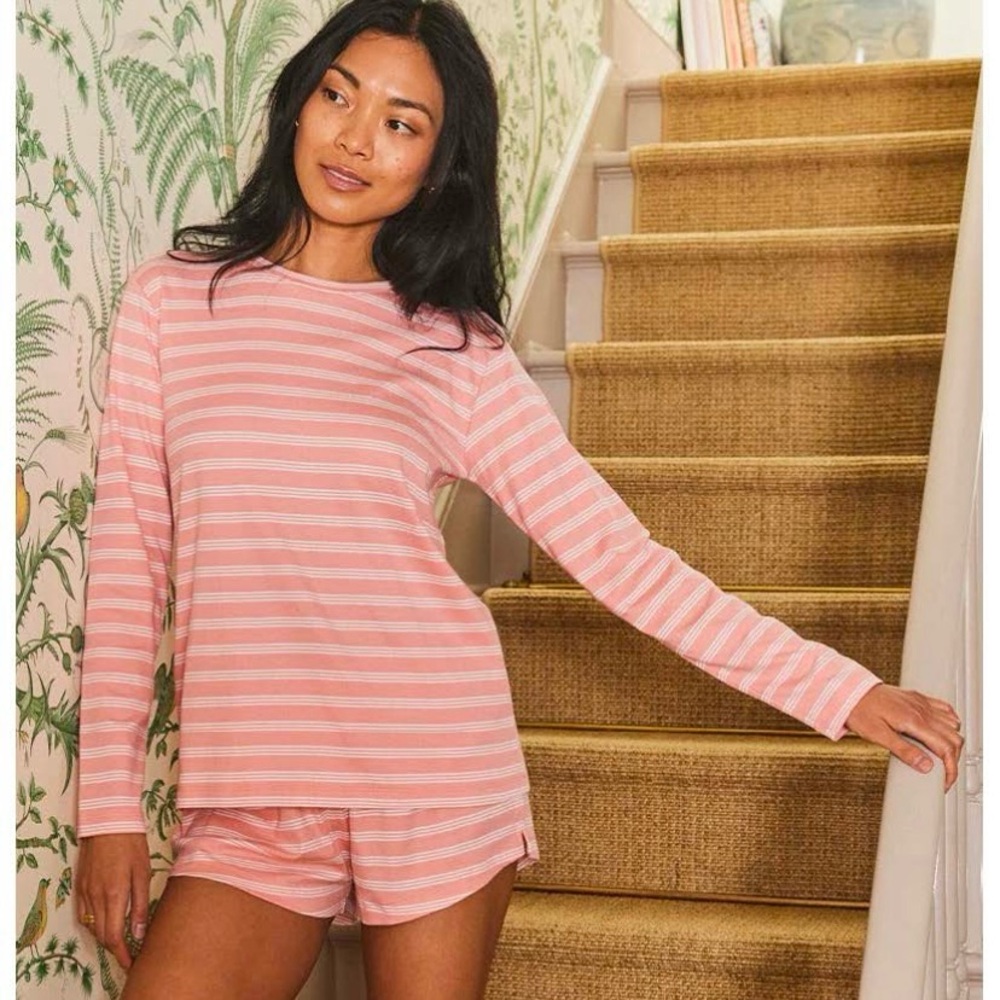 Lake Pima Long-Short Pajama Set Size M Coral Stripe Long Sleeve Shorts Cotton